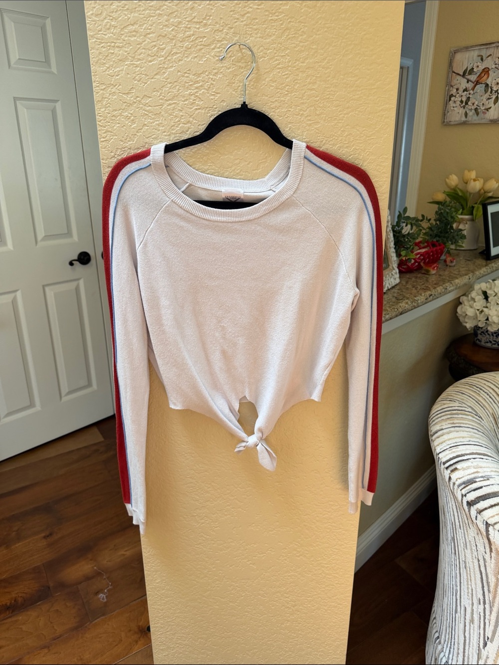 Freshman White Tie-Front Pullover with Red & Blue Sleeve Stripes